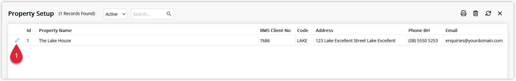 Property Information list in RMS under Setup > Property Options > Property Information, showing existing properties with the Edit option selected for one property.