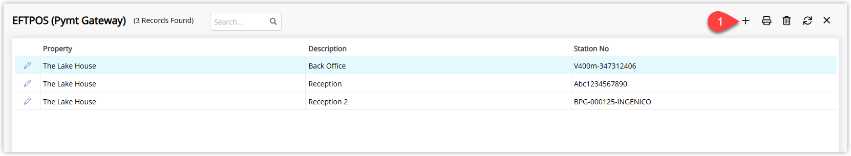 Screenshot of the EFTPOS (Payment Gateway) lookup table in RMS showing the list of existing EFTPOS mappings and the Add button used to create a new entry.