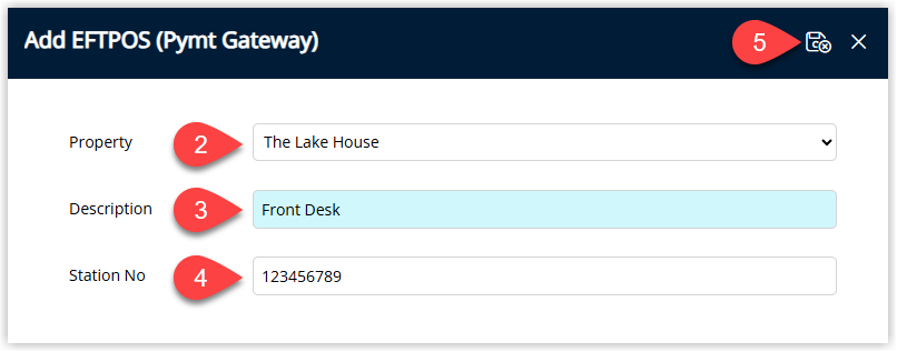 Screenshot of the EFTPOS (Payment Gateway) lookup table entry screen in RMS showing fields for Property, Description and Station Number (API Terminal ID) completed, with the Save/Exit button to save the EFTPOS terminal mapping.