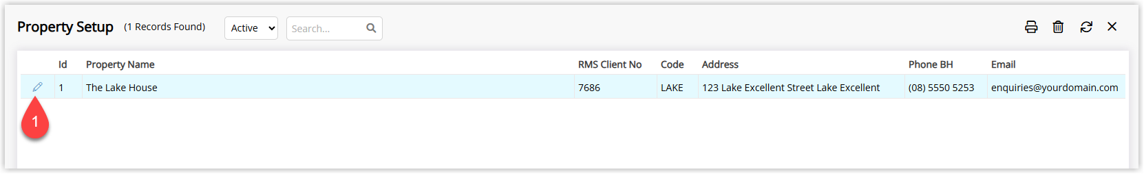 Screenshot of the Properties list in RMS highlighting the Edit button for an existing property used to configure Shift4 payment gateway settings.