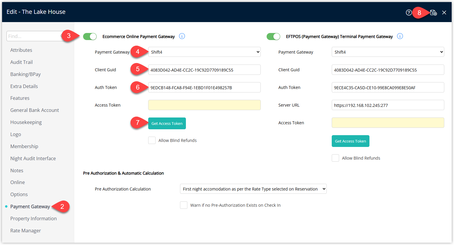 Screenshot of the Payment Gateway setup screen in RMS showing Shift4 selected as the gateway with fields for API credentials and connection settings.
