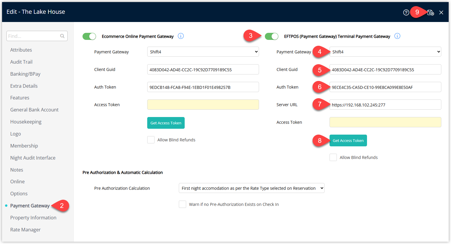 Screenshot of the Payment Gateway section on the Property Information screen in RMS showing the EFTPOS Terminal Payment Gateway toggled on, Shift4 selected as the provider, fields completed for Client GUID, Auth Token and Server URL, and the Save/Exit button.