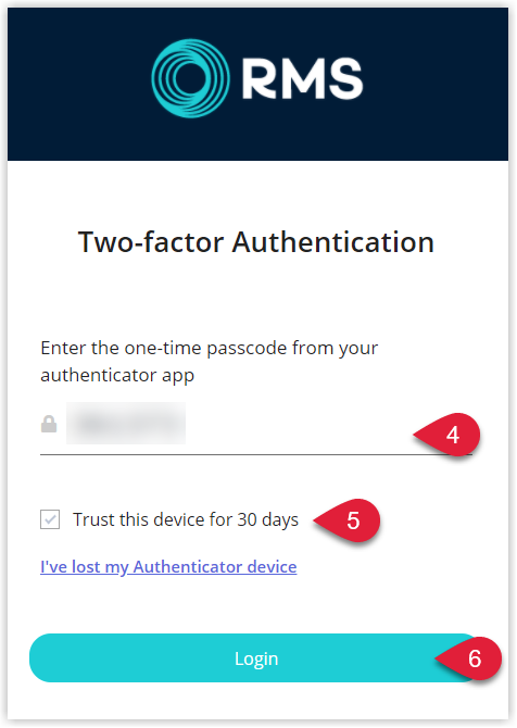 Annotated screenshot of the RMS two-factor authentication screen with the Trust this device for 30 days option highlighted