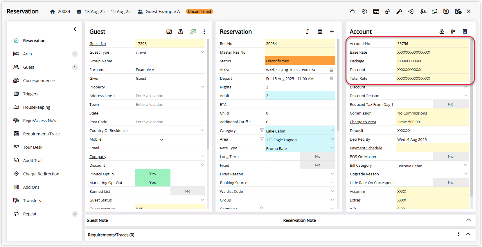 Annotated screenshot of the Reservation screen in RMS highlighting the Account panel where the accommodation rate amounts are hidden