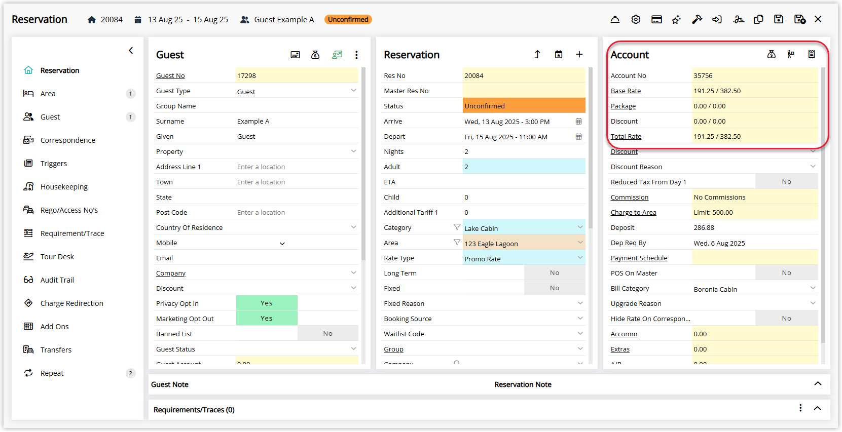 Annotated screenshot of the Reservation screen in RMS highlighting the Account panel where the accommodation rate amounts are now visible