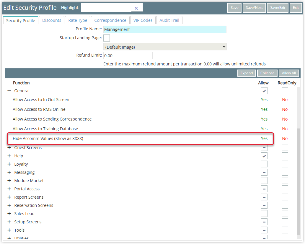 Annotated screenshot of the Edit Security Profile screen in RMS highlighting the Hide Accomm Values permission