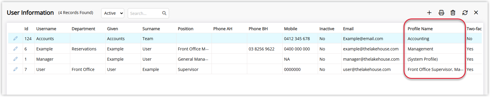 Annotated screenshot of the User Information screen in RMS highlighting the Profile Name column