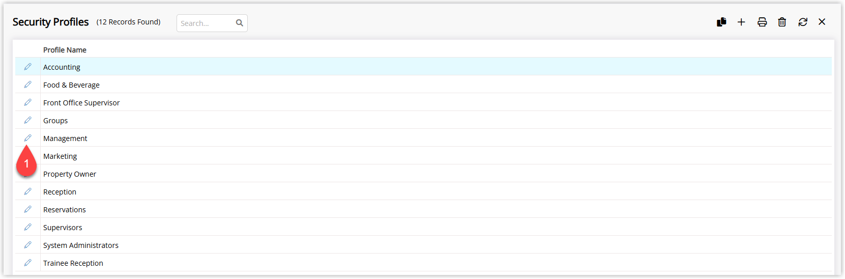Annotated screenshot of the Security Profiles screen in RMS highlighting the edit icon for a profile