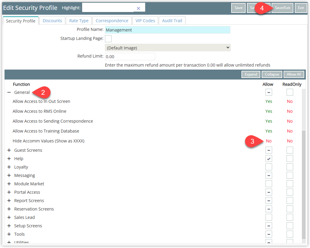 Annotated screenshot of the Edit Security Profile screen in RMS highlighting the Hide Accomm Values permission set to No and the Save/Exit button