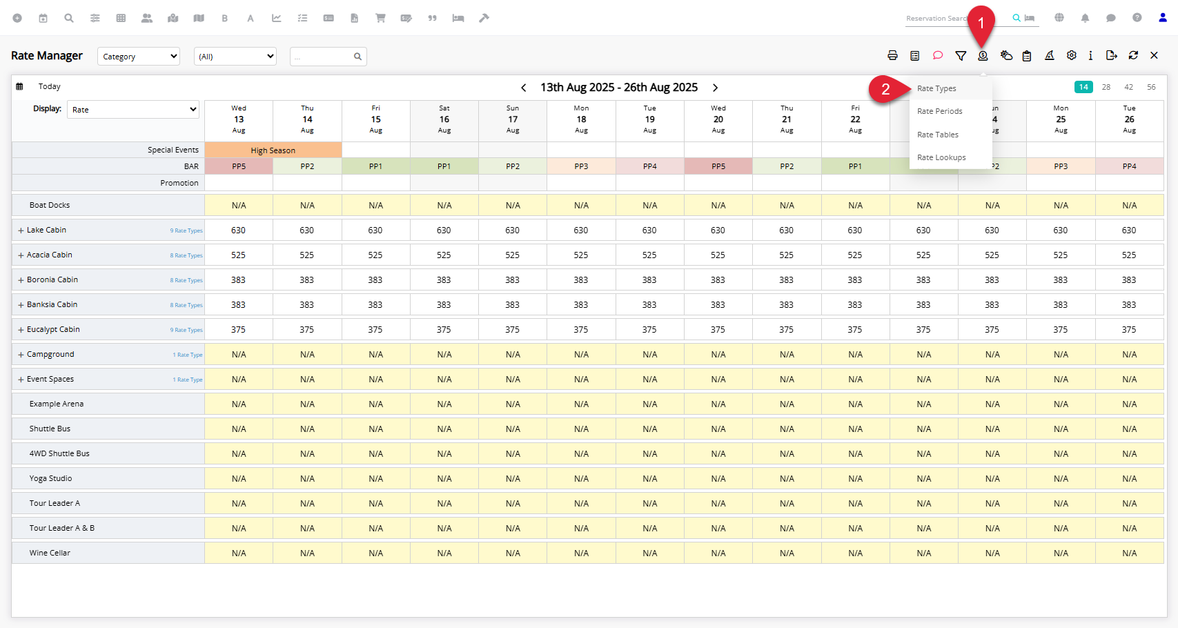 RMS Rate Manager screen with the Rates icon selected and the Rate Types option chosen, displaying a list of existing rate types.