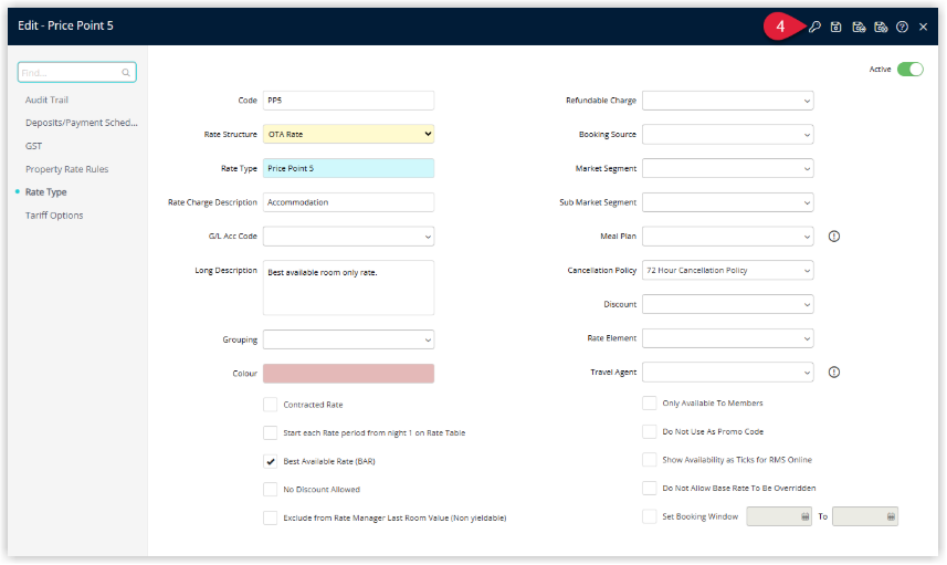 RMS Rate Type setup screen with the Access tab selected, ready to manage access for Companies, Discounts, Travel Agents, and Security Profiles.
