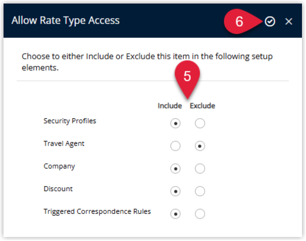 RMS Rate Type Access tab showing lists of Companies, Discounts, Travel Agents, and Security Profiles with Include and Exclude options selected for each, and the Apply/Exit button highlighted to bulk-update access to the rate type.