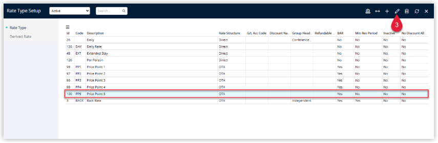RMS Rate Types list showing one rate type highlighted with the Edit option selected to open the rate type configuration.