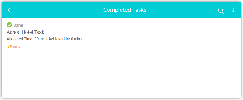 Completed Tasks list in the Staff Portal showing tasks marked as completed along with the name of the housekeeper who completed each task and a three dots menu icon to return to incomplete tasks.