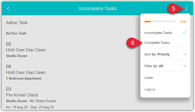Housekeeping screen with a three dots menu opened and a Completed Tasks option highlighted to switch from incomplete to completed task view.