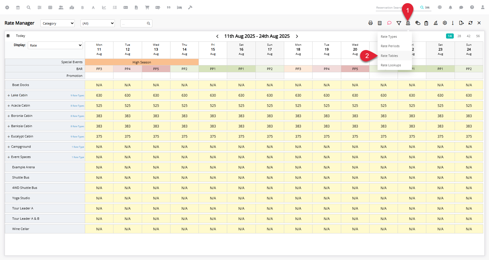 Rate Manager screen in RMS with the Rates icon menu open and Rate Tables selected, showing a list of existing rate tables.