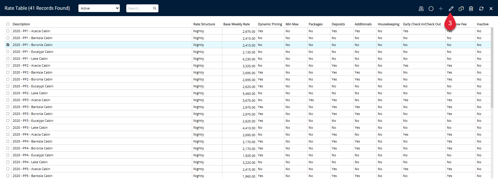 Rate Tables list displaying multiple rate tables with one table highlighted and the Edit button selected to open its configuration.