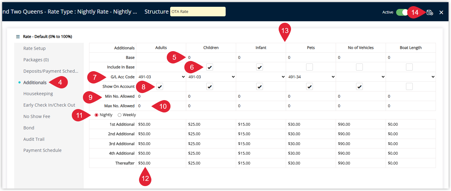 Rate Table edit window open on the Additionals tab showing columns for guest types such as Adults Children and custom additional charge labels with fields for Number of Guests Included in Base Include in Base checkbox G L Account Code Show on Account Minimum and Maximum Guests Allowed Charge Style and Additional Guest Prices filled in, and the Save Exit button highlighted.