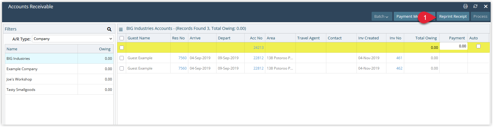 Annotated screenshot of the Accounts Receivable screen in RMS showing the company accounts and invoices with the Reprint Receipt button highlighted