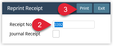 Annotated screenshot of the Reprint Receipt dialog in RMS showing the Receipt No field and Journal Receipt option with the Print button highlighted