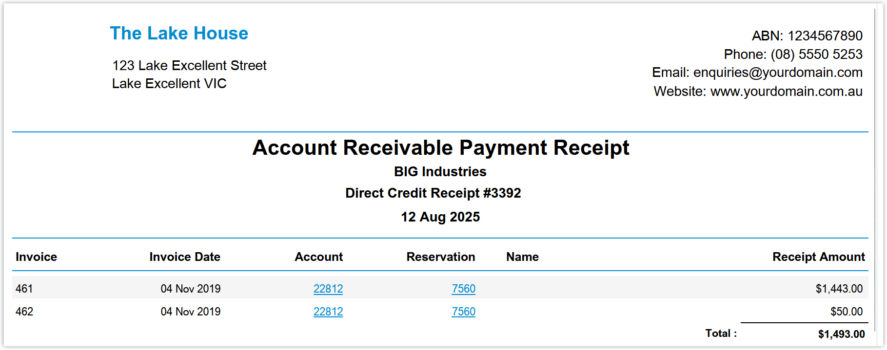 Screenshot of an Account Receivable Payment Receipt in RMS showing the company, receipt number, invoices paid, and total receipt amount