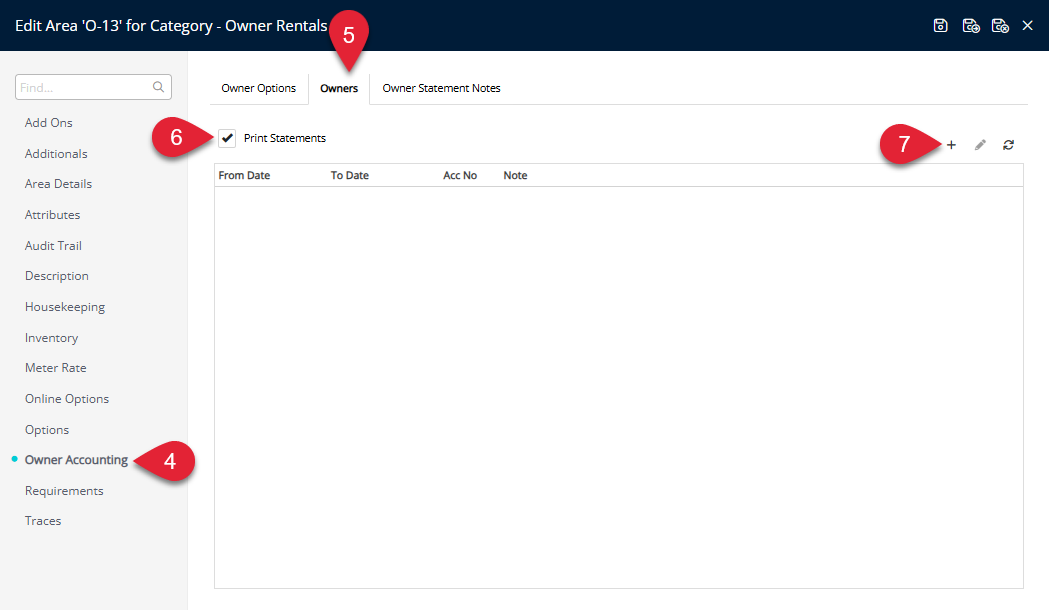 Area edit screen in RMS with the Owner Accounting section open on the Owners tab, showing the Print Statements checkbox enabled and an Add button highlighted to create a new Owner Contract for the Area.