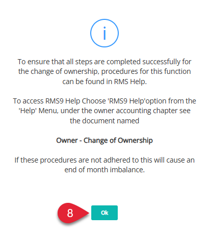 Confirmation dialog in RMS asking to proceed with creating an Owner Contract for the selected Area, with an OK button highlighted.
