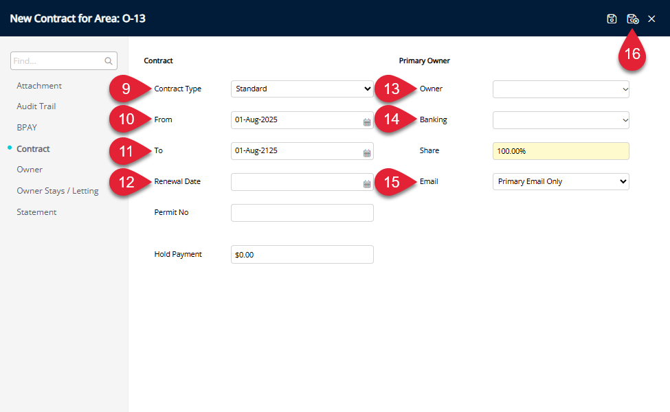 Owner Contract setup screen in RMS showing fields for Contract Type with optional Guaranteed or Minimum Amount, From Date set to the settlement date, To Date extended far into the future (e.g. 100 years), optional Lease Renewal Date, Primary Owner selection with optional Owner Banking Details, Owner Statement Email settings, and a Save/Exit button to finalise the contract.