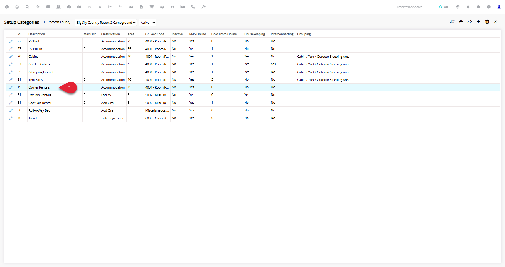 Category/Area setup screen in RMS listing existing Categories, with one Category’s Edit icon highlighted to open it and configure Areas and Owner Contracts.