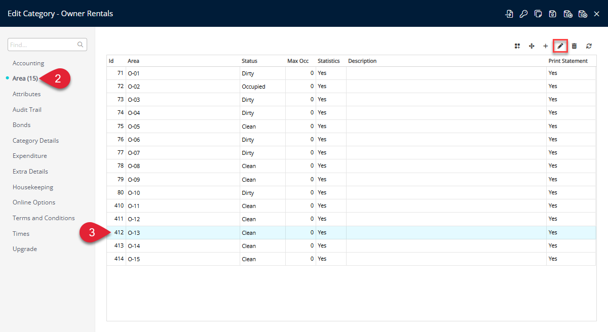 Category edit screen in RMS with the Area tab or menu selected, showing a list of Areas under the Category, one Area highlighted and the Edit option selected to open Area details.