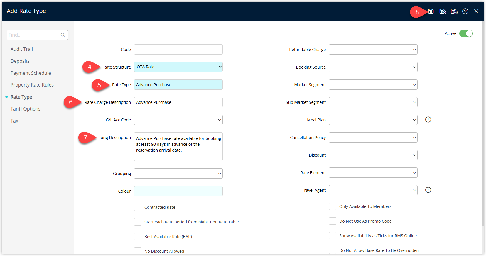 Annotated screenshot of the Add Rate Type screen in RMS showing the Rate Structure, Rate Type, Rate Charge Description, and Long Description fields