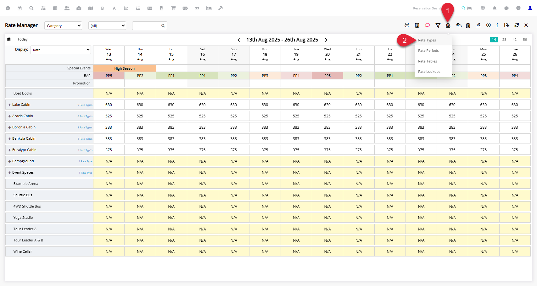 Annotated screenshot of the Rate Manager in RMS showing the Rates dropdown menu with Rate Types, Rate Periods, Rate Tables, and Rate Lookups options