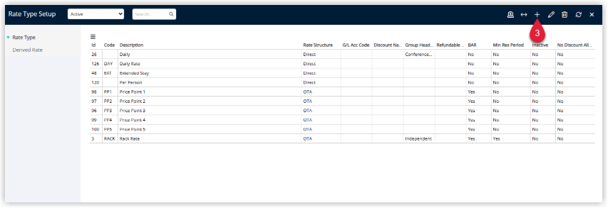 Screenshot of the Rate Type Setup list in RMS showing active rate types