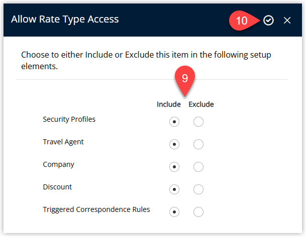 Annotated screenshot of the Allow Rate Type Access dialog in RMS showing Include and Exclude options for Security Profiles, Travel Agent, Company, Discount, and Triggered Correspondence Rules