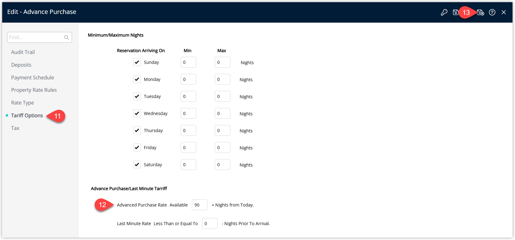 Annotated screenshot of the Tariff Options screen in RMS showing the Tariff Options section with Min/Max Nights settings by day and the Advanced Purchase Rate Available field