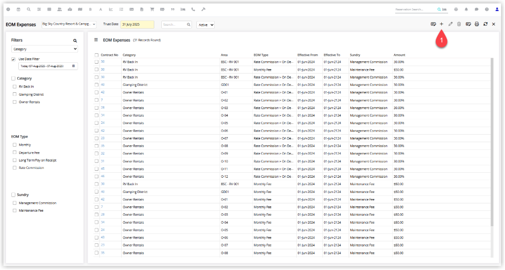 RMS End of Month Expenses screen showing a list of existing EOM expenses with the Add icon highlighted to create a new owner expense configuration.