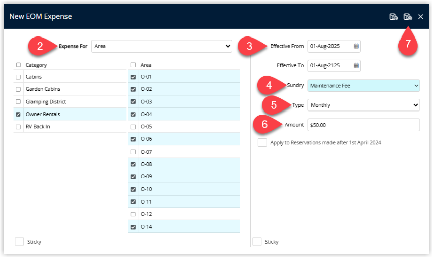 RMS End of Month Expense setup window displaying options for Expense For (Rate or Area), Effective From and Effective To dates, Sundry Charge, Expense Type and Sub-Type, Expense Options, and fields for Expense Amount or Percentage, with the Save/Exit button selected to store the new expense.