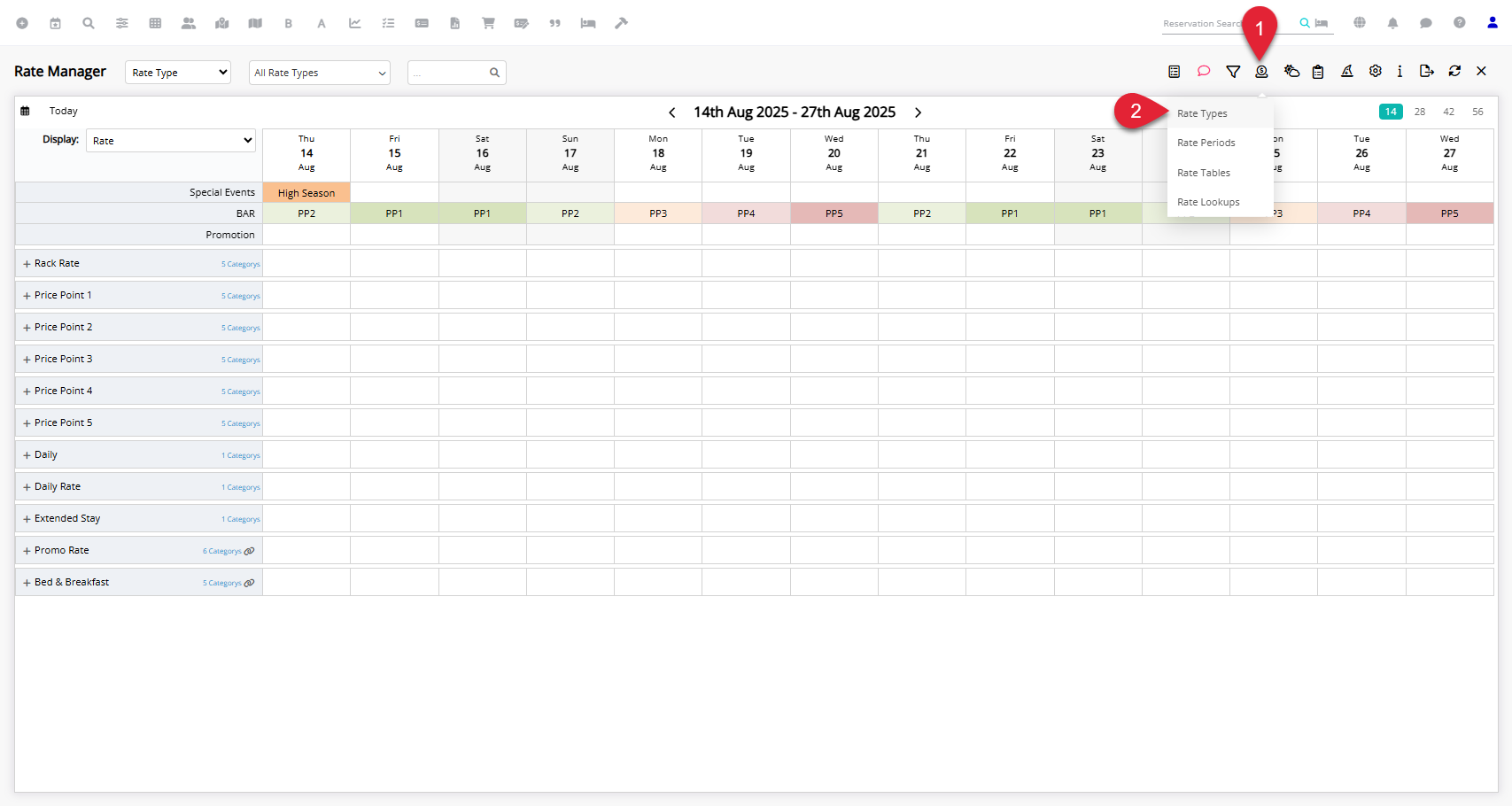 Rate Manager screen in RMS showing the Rates option selected and a submenu or button for Rate Types highlighted to open the list of rate types