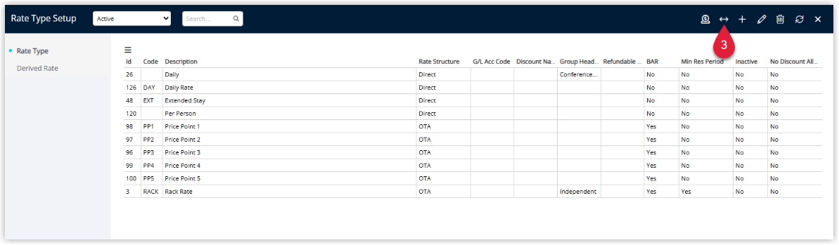Rate Types list in RMS with a Display Order button or option highlighted, indicating where to click to change the display order of rate types