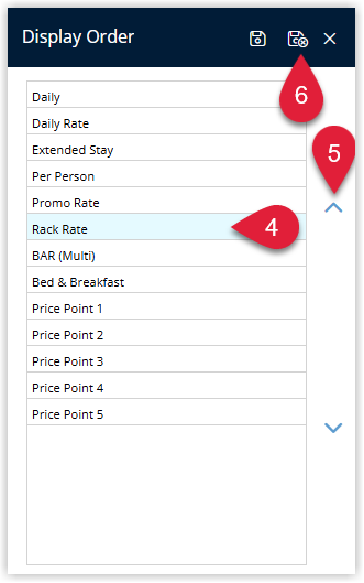 Display Order window in RMS showing a list of rate types with one rate type selected and up/down arrow buttons used to move it in the list, plus a Save/Exit button to confirm the new order