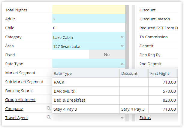 Reservation screen in RMS with the Rate Type dropdown expanded, displaying rate types listed in the customised order set in the Rate Manager Display Order settings