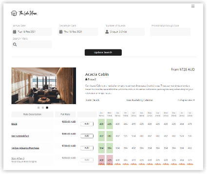 RMS Booking Engine website showing available rate options for a selected room type, with the rate plans listed in the same custom order configured for rate types in RMS