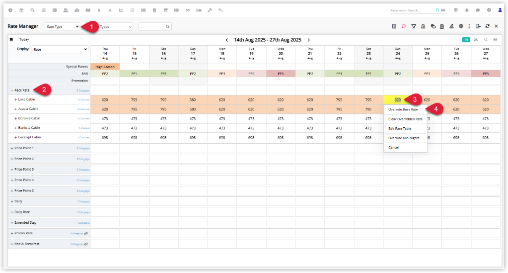 Annotated screenshot of the Rate Manager in RMS showing a rate cell selected with the right-click context menu and the Override Base Rate option highlighted