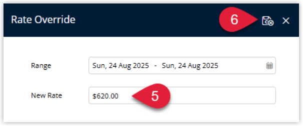 Annotated screenshot of the Rate Override dialog in RMS showing the date Range and New Rate fields with the save button highlighted
