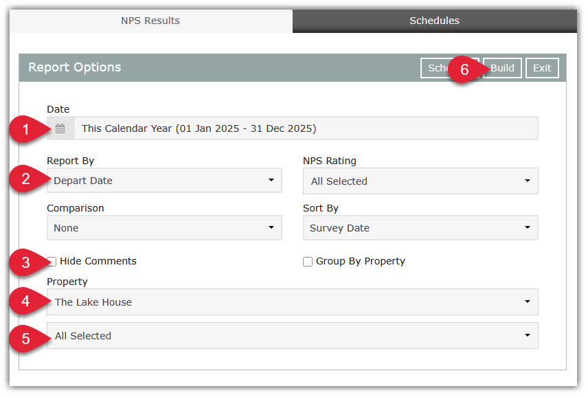 Screenshot of the NPS Results Report in RMS showing the overall Net Promoter Score for the selected property, coloured breakdown of Promoters, Passives and Detractors, individual metric scores, total responses, response rate and a table listing each returned NPS survey.