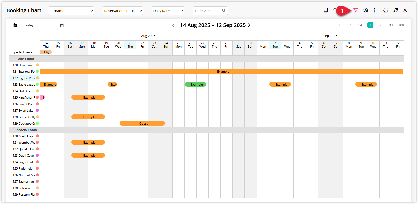 Annotated screenshot of the Booking Chart in RMS showing the filter icon highlighted, with reservations displayed across Lake Cabin and Acacia Cabin categories