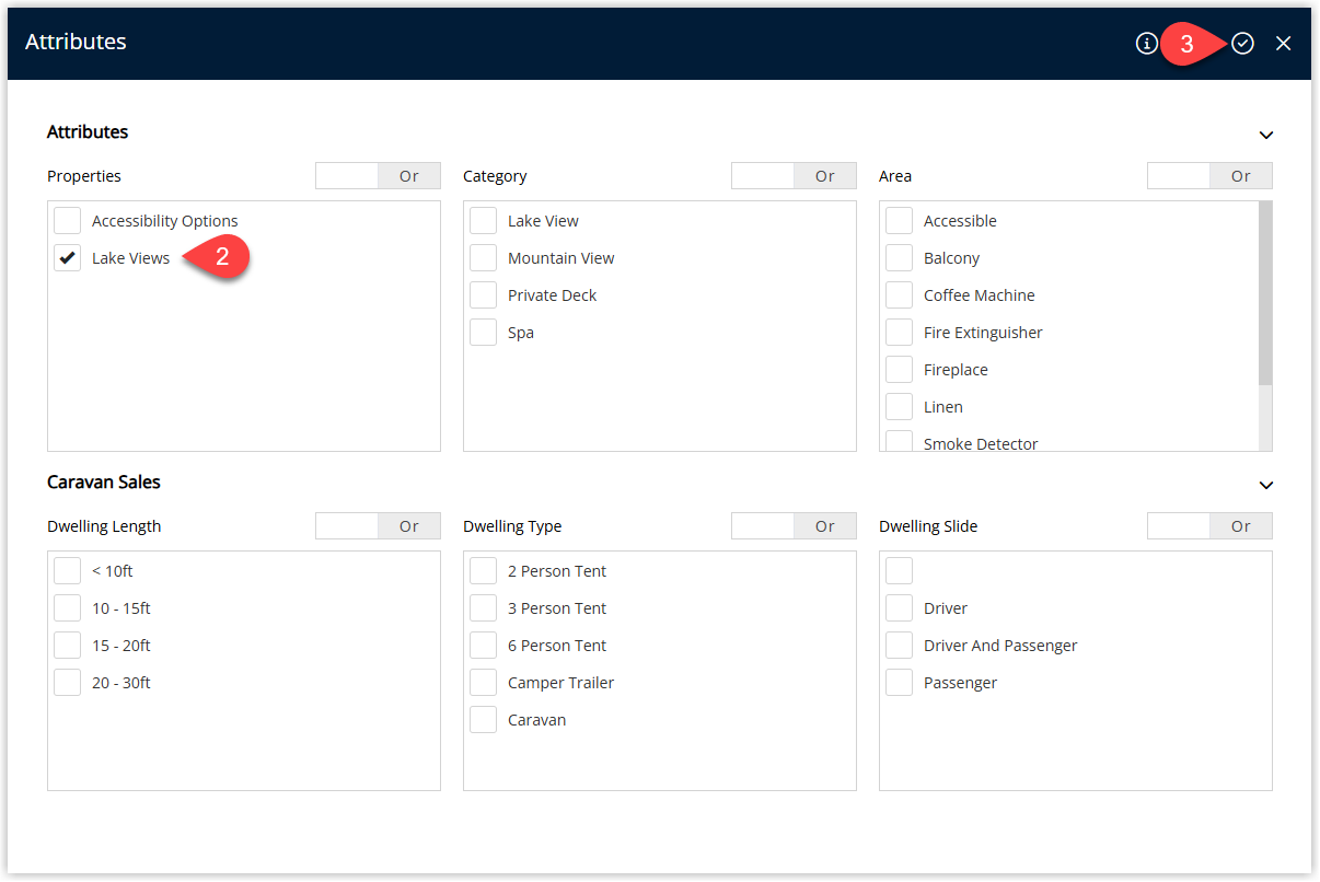 Annotated screenshot of the Booking Chart Attributes filter panel in RMS showing Properties and Category attribute filters with the Lake Views property attribute selected