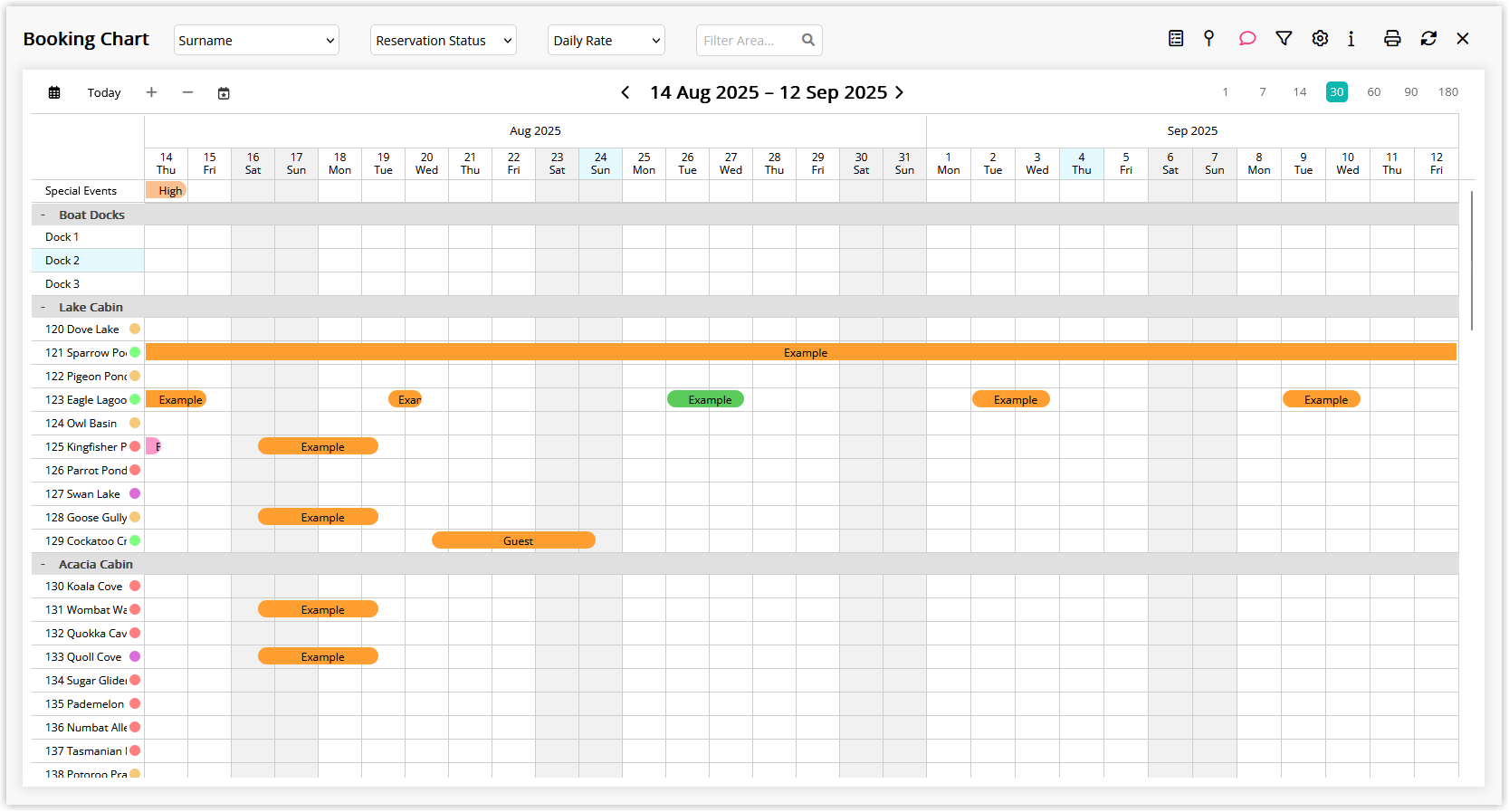 Screenshot of the Booking Chart in RMS showing all areas including Boat Docks, Lake Cabin, and Acacia Cabin categories visible after applying the attribute filter