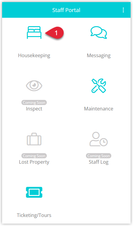 Annotated screenshot of the Staff Portal home screen in RMS highlighting the Housekeeping option