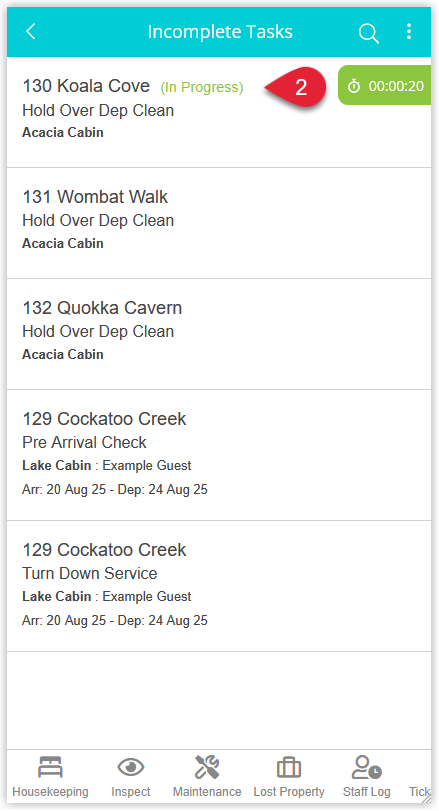 Annotated screenshot of the Staff Portal Incomplete Tasks list in RMS highlighting a task that is In Progress with its running timer